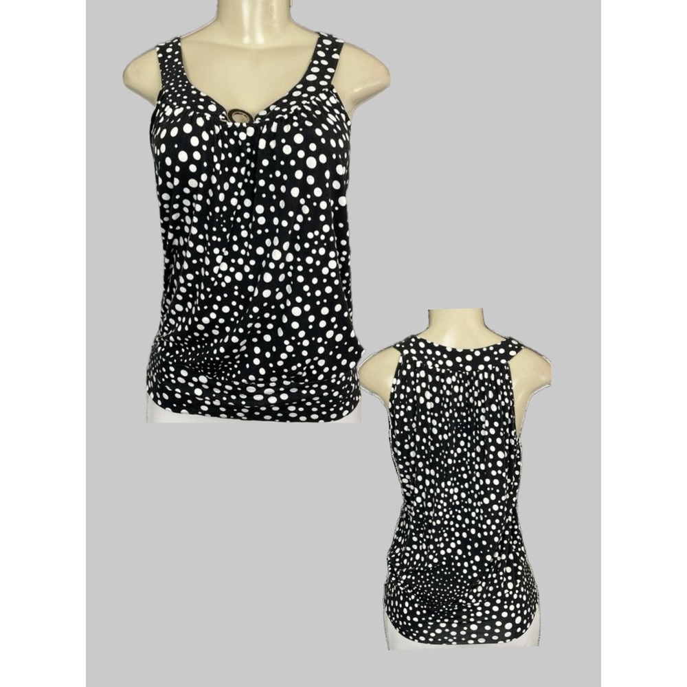 Spense L Black White Polka Dot Tank Top Scoop Neck Metal Ring Detail Banded Hem